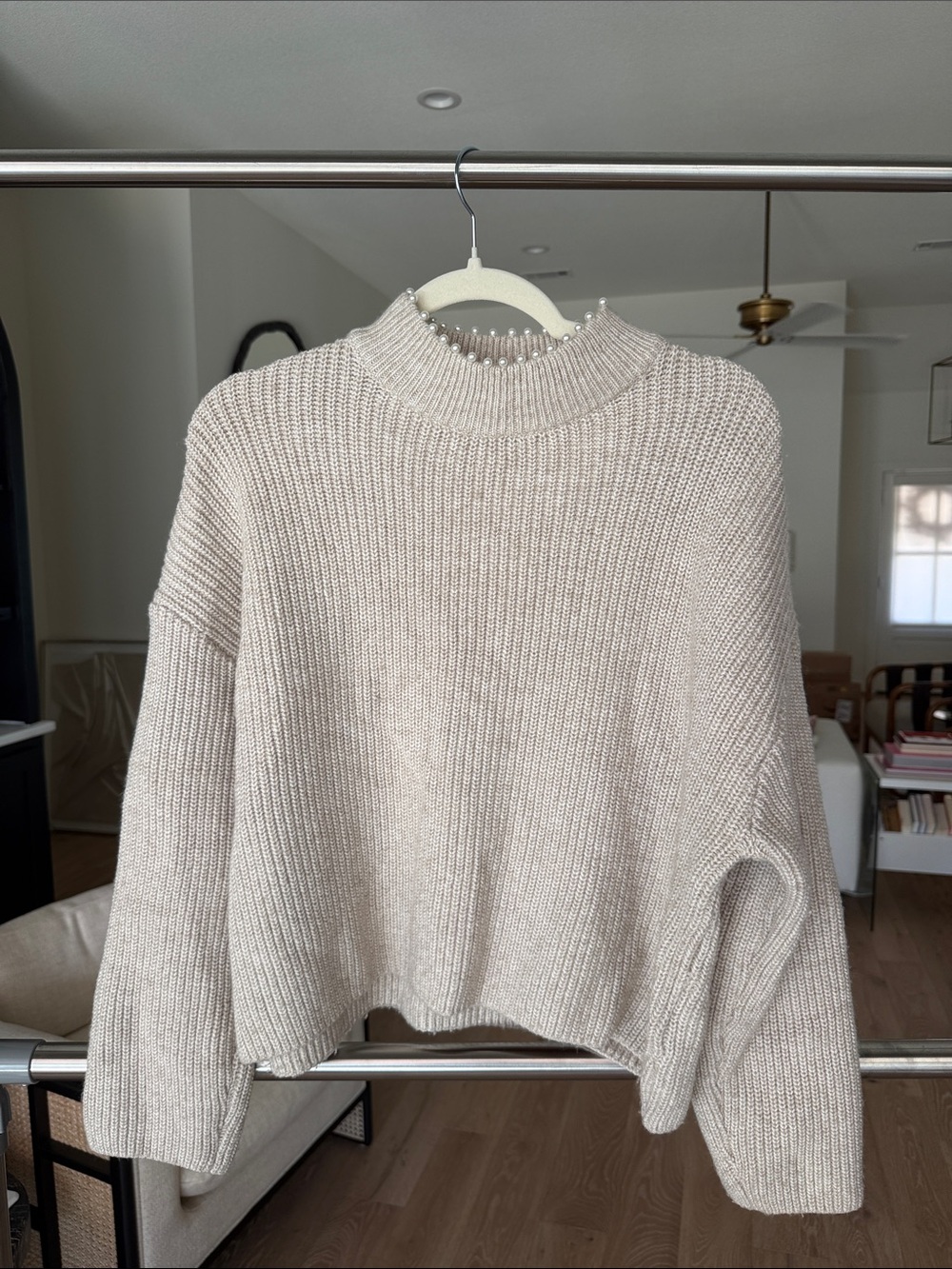 Women's Cream Knit pearl Mock Neck Sweater